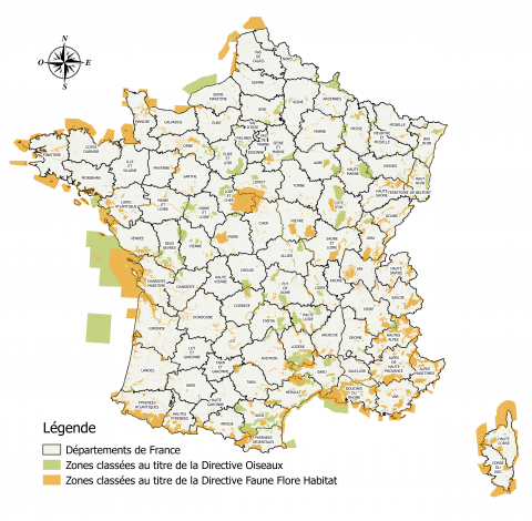 Carte représentant l'ensemble des sites Natura 2000 en France  
