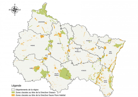 Carte représentant l'ensemble des sites Natura 2000 en Grand Est 